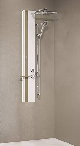 Colonna Doccia Novellini Line 2 Standard Attrezzata Miscelatore Termostatico Colore Bianco Opaco Fascia Mensola Tortora Soffione Ripiano Porta Oggetti Doccetta Misura 22x57,5xH150 cm