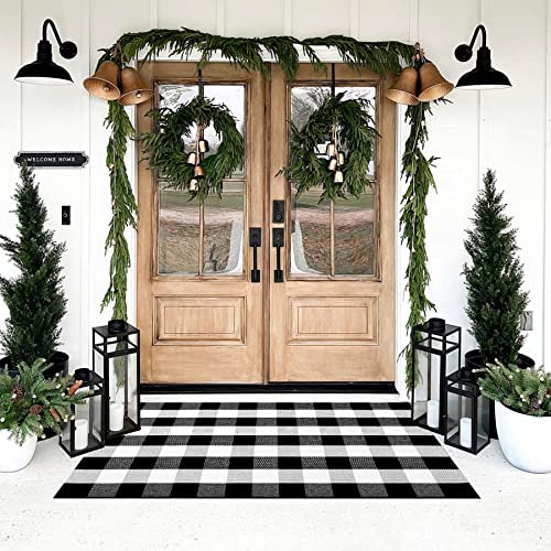 SEEKSEE Tapis à Carreaux 100% Coton - Noir et Blanc - Tapis tissé à la Main - Buffalo à Carreaux