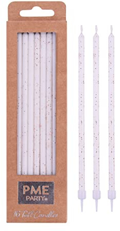 PME CA098 Tall Candles 7in 16pk-White with Glitter Kerzen, extra hoch, 18 cm, 16 Stück, Glitzer, Wachs, Weiß und Gold