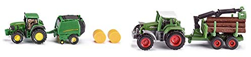 Siku 1665, John Deere Traktor mit Ballenpresse inkl. 2 Ballen, Metal/Kunststoff, Grün, Bewegliche Teile & 1645, Traktor mit Forstanhänger, Metall/Kunststoff, Grün, Inkl. 6 Baumstämmen