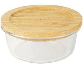 Pebbly PKV-017 PEBBLY-PKV-017 Boite Ronde borosolicate et Couvercle Bambou 620ml, Verre Borosilicate, Transparent, Ø15x6cm