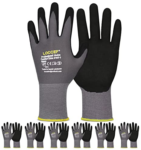 LOCCEF Work Gloves MicroFoam Nitrile Coated-6 Pairs,Seamless Knit Nylon Gloves,Gray Work gloves (8/M, Gary-6 Pairs)