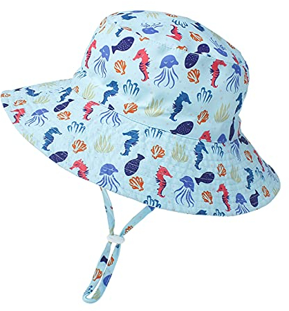 ISIYINER Chapeau de Soleil Fille D'été à Bord Large Anti-UV UPF50+ Pliable Bob pour Enfant - Piscine, Plage, Natation Extérieure (Hippocampe Bleu)