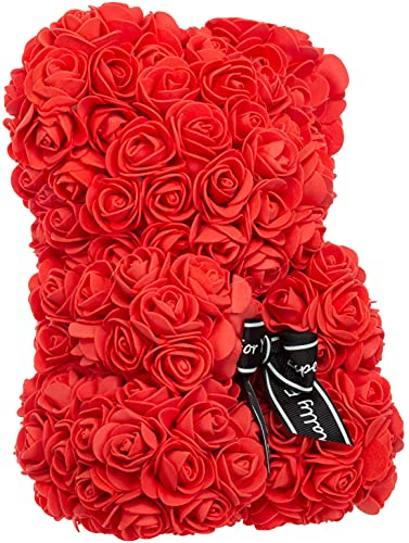 Brandsseller Orsetto in Rose Artificiali 25x16 cm – Orsetto Decorativo in Fiori di Seta, Regalo Romantico per San Valentino, Compleanno, Matrimonio – disponibile anche con Confezione Regalo – Rosso