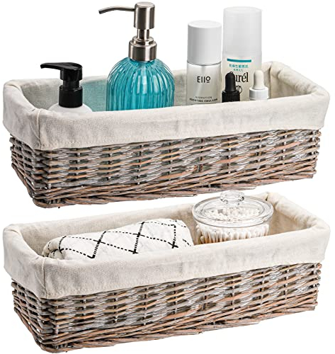 SOUJOY 2 Pack Wicker Bathroom Basket,Toilet Paper Basket Organizer, Toilet Tank Top Storage Bin with Removable Liner, Decorative Baskets for Closet, Bedroom, Bathroom, Entryway, Office