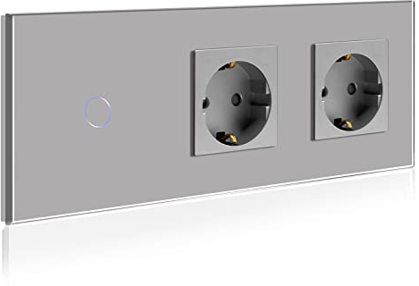 BSEED Interruttore della luce touch con prese, 1 scomparto a 1 via, interruttore da parete con doppia presa, interruttore touch screen da incasso con cornice in vetro 228 mm, grigio 500 W