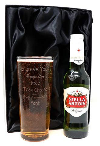 Regalo Personalised Pint Glass & Beer (Stella Premium Lager Beer, Silk Lined Gift Box)