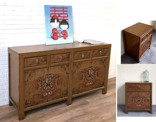 OPIUM OUTLET Schlafzimmer Kombination chinesische Kommode Schrank Sideboard mit 2 Nachtkästchen orientalisch asiatisch Vintage Nachtkommode Nachttisch Möbelset 3-teilig braun komplett montiert