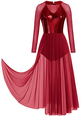 Odizli Women Lyrical Dance Costumes Long Sleeve Sparkly Sequins Flowy Split Tulle Tutu Skirts Adult Ballet Leotard Gymnastics Bodysuit Dress