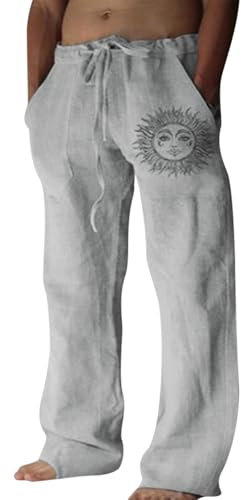 Puimentiua Leinenhose Herren,Lang Leichte Sommerhose,Loose Fit Freizeithose,Baumwollehosen mit Tunnelzug und Taschen (Hellgrau,XL)