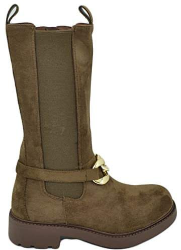 Malu Shoes Stivali donna chelsea combat camoscio marrone altezza meta' gambale con catena argento rimovibile elastico polpaccio zip (36 EU)