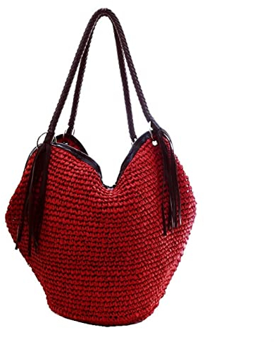 FJZFXKZL Strandtasche Stroh, Quaste Stroh Damen Umhängetasche Lässig Große Kapazität Rattan Handtasche Damen Wicker Weave Beach Handtasche Damen Tasche (Color : Red)