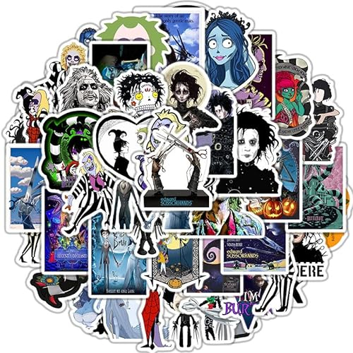 Aufkleber Pack 50 Stück Tim Burton Sticker Set Wasserdichte Vinyl Sticker für Laptop Kinder Autos Motorrad Fahrrad Skateboard Gepäck Koffer Computer Movie Aufkleber Edward Scissorhands Graffiti Decal