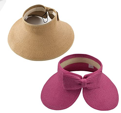 Chapeau de plage pliable pour femme - Chapeau de paille pliable avec large bord et queue de cheval pour protection UV et voyage d'été SM01, Y - Lot de 2 - Rose, Kaki, Taille unique