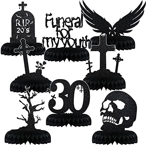 Fumete 8 Stück Death to My 20s Dekorationen Rip 20er Jahre Geburtstag Dekorationen Gothic 30. Geburtstag Wabenaufsätze Goth Tischdekoration Glitzer Beerdigung für meine Jugend (schwarz)