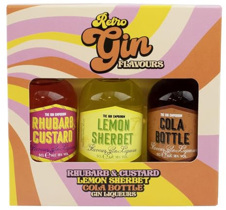Gin Gift Set Retro Flavoured Collection by R3, Rhubarb & Custard, Lemon Sherbet, Cola Bottle Gin Liqueurs 3x 5 cl Alcohol Miniatures - Birthday, Mothers Day, Gin Gifts for Women and Men