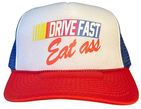 Drive Fast Eat Ass Hut Snapback Trucker Hut für Männer oder Frauen, Vintage-Passform mit lustiger Neuheit Grafik, Custom Mesh Hat, Rot/Weiß, M-XL
