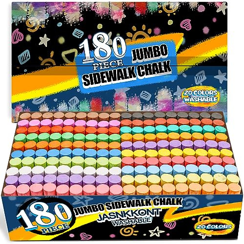 180 Pcs Washable Sidewalk Chalk 20 Colors, Jumbo Outdoor Chalk Bulk for Kid