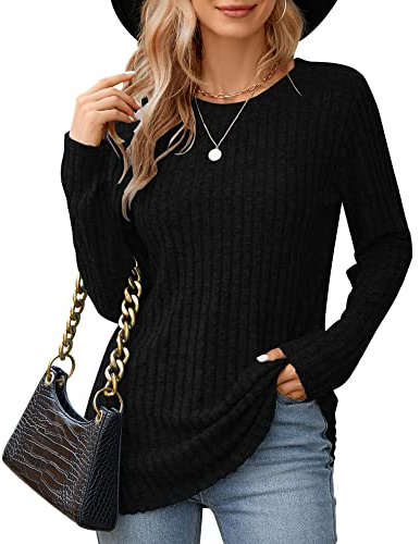 WNEEDU Långärmade toppar för kvinnor lätta mjuka tröjor med rund hals enfärgade randiga damtröjor pullover tröjor, Svart, M