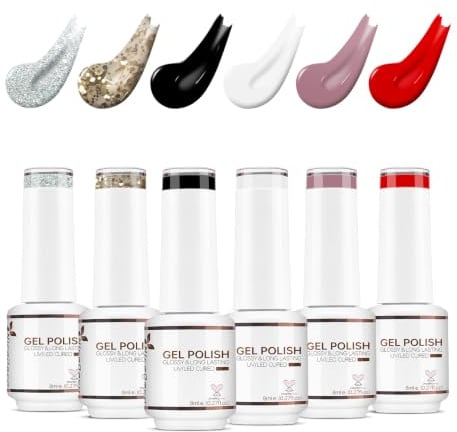 Nicedeco UV Gel Nagellack Set - 6 Farben Soak Off Glitzer Silber Gold Schwarz Weiß Nackt Rosa Rot - 8ml LED UV Nail Polish Set