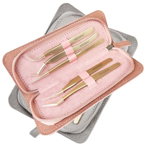 SEEDEW Set di pinzette per extension ciglia (1 custodia + 5 pinzette in acciaio inossidabile), pinze professionali dritte e curve per ciglia tecnologia, principianti (orate, rosa)