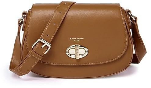 DAVID JONES - Damen-Umhängetasche – Handtasche mit Kreuzschulter, Kunstleder – Tasche mit Klappdeckel Drehkreuz – elegante Stadttasche für Telefon, Arbeit, Reisen, Abendmode, Cognac-Braun, one size,