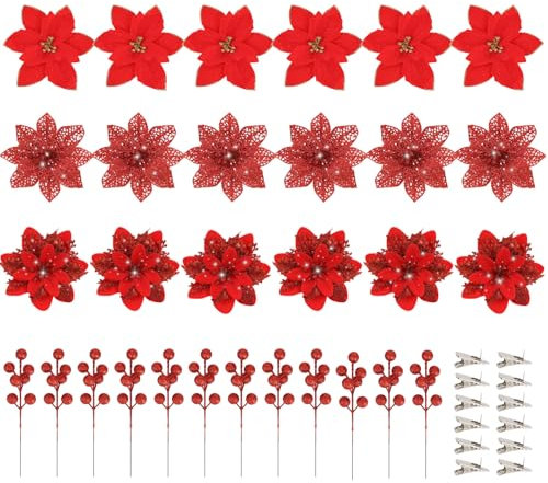 Lyneun 18 Stück Weihnachtsbaum Blumen und 12 Stück Rote Beerenstiele, Weihnachten Blumen mit 12Pcs Clips, Weihnachtsstern Blumen für Christbaumschmuck Kränze