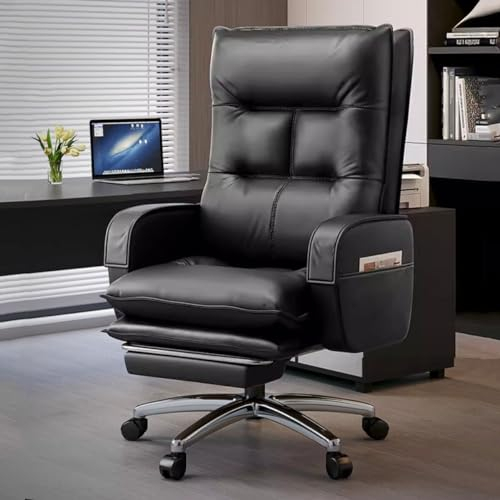 LEIYTFE Massage Bürostuhl Ergonomisch Weiß Chefsessel Mit Fußstütze Computer-Schreibtischstuhl Mit 7-Punkt-Massage, Leder-Drehstuhl Mit Hoher Rückenlehne,Arbeitsstühle Mit Rädern (Color : Black)