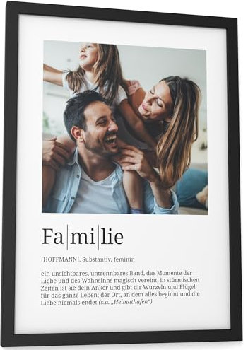 Papierschmiede® Personalisierte Geschenke Familie, Definition mit Foto in DIN A4 (21x30 cm) Rahmen wählbar fertig gerahmt, Persönliches Bild als Geschenk zum Muttertag Vatertag Weihnachten Geburt