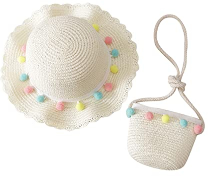 Sombrero de paja Sombrilla Parasol para Sombrero de Paja + Gorro Infantil Niños Gorro Niña 52, Blanco, Talla única