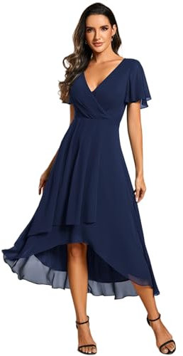 Ever-Pretty Women's Chiffon V-Neck Short Elegant Evening Dresses with Ruffled Sleeves Wedding Guest Navy Blue 22UK