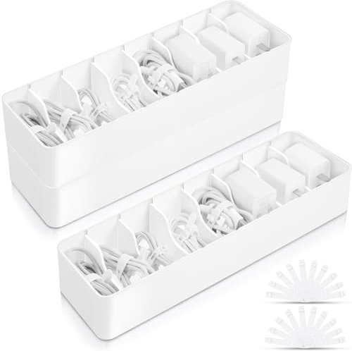 Tatuo 2 Pcs Cable Organizer Box with Wire Ties Cord Storage Charger Box Plastic Electronics Organizer with 8 Removable Divider Cable Storage Box for Office Home Desk Box Accessories (White)