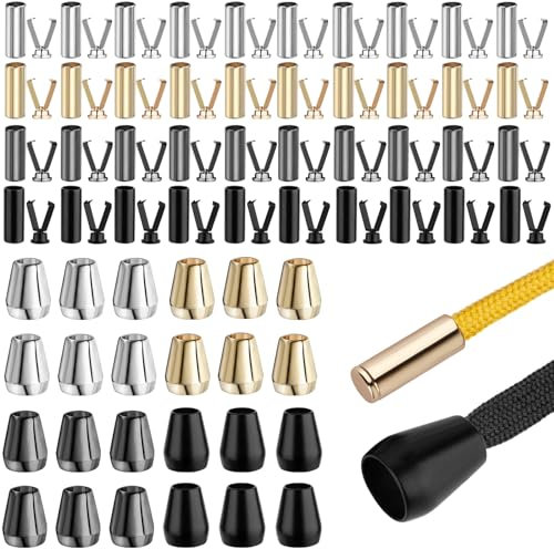 REJOECE 64 Cordones de aleación,4 Colores Juegos Puntas para Cordones,2 Estilos Puntas para Cordones,Puntas de Cordones para reparación de Bricolaje Sudaderas Cuerdas elásticas Cordones