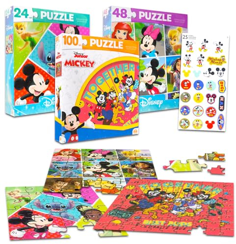Disney Puzzle-Set für Kinder – Bündel mit 3 Disney Puzzles mit Micky Maus, Minnie-Maus, Stich und mehr plus Micky-Maus-Aufklebern, Disney und seine Freunde Partygeschenke