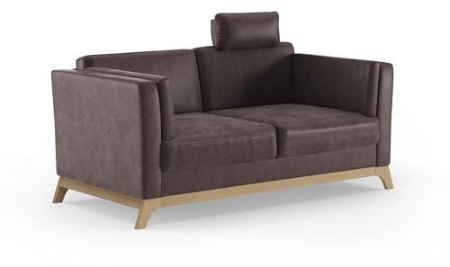 Cavadore 2,5er-Sofa Vida / 2,5-Sitzer Couch im trendigen Design mit massivem Holzrahmen in Buche, Kopfstütze mit Kuschelkissen / 183 x 84 x 93 / Mikrofaser, Braun