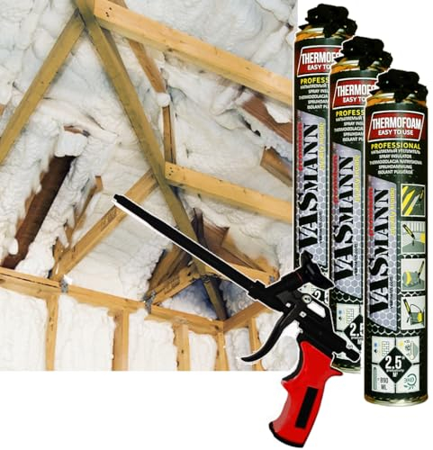 VASmann Sprühdämmung 3x890ml + Pistole Dachdämmung Zwischensparrendämmung Kellerdeckendämmung Vielseitige Isolationslösungen - Effektive Wärmedämmung EPS / XPS Dämmung (7,5m2 + Pistole)