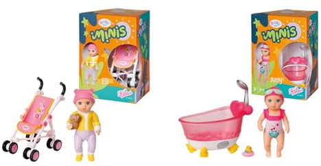BABY Born Minis Kinderwagen-Spielset mit Minis-Puppe Eli und Kuscheltier, 906156 Zapf Creation & Minis Badewannen-Spielset mit Minis-Puppe Amy und Ente, 906101 Zapf Creation