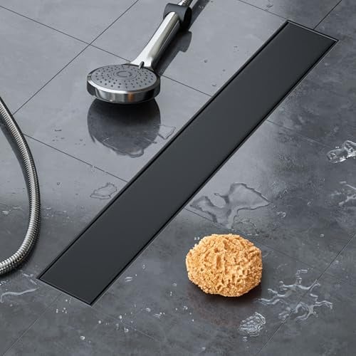 VILSTEIN Duschrinne Schwarz 60cm, Siphon mit Geruchsstop und Haarsieb, Randablauf, Edelstahl Ablaufrinne, Bodenablauf, Duschablauf sehr flach, Komplettset mit Bodenbefestigung