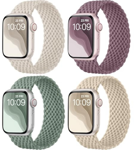 Epova 4 Stück Geflochten Armband Kompatibel mit Apple Watch Armband 45mm 44mm 49mm 42mm, Elastisches Nylon Stoff Solo Loop Armbänder für Apple Watch SE/Series 9 8 7 6 5 4 3 2 1 Ultra/ Ultra 2