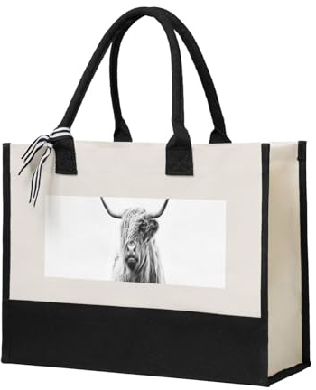 YUNWEIKEJI Hochlandrind, Einkaufstasche, Tragetasche, Canvas-Tasche, Einkaufshandtasche, Mehrzweck-Schultertasche aus Canvas