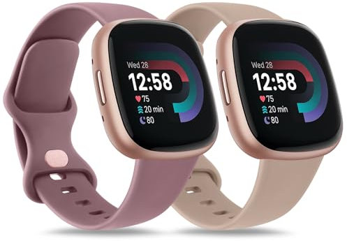 AK 2 Pack Bracelet pour Fitbit Versa 4/Sense 2/Fitibit Versa 3/Sense pour Femmes Hommes,Bracelet de Remplacement Réglable pour Fitbit Versa 4/Sense 2/Versa 3/Sense (Thé au Lait/Fumée Violette, Small)