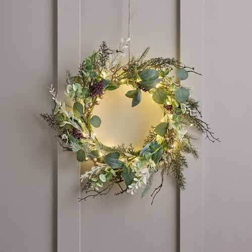 Lights4fun Couronne de Noël Pré-Éclairée avec Feuillage Artificielle et Baies Dorées de 40 cm avec 50 LED Blanc Chaud à Piles et Minuterie Décoration de Noël Déco pour Intérieur
