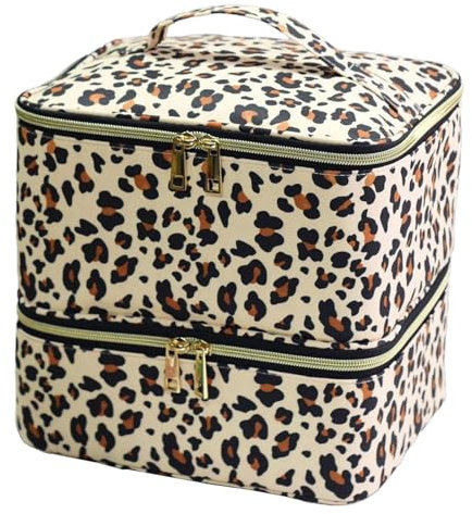 Vriusi Nail Polish Organizer Bag, 2-Layer Portable Nail Polish Case, Leopard, Salon & Travel Use