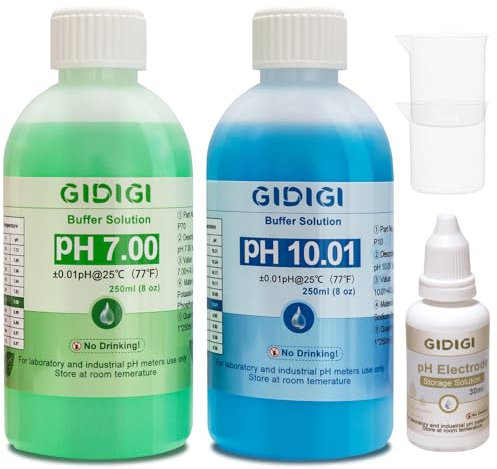 pH Messgerät Kalibrierungslösungsset, Enthält pH 7,00, 10,01 und pH Elektrodenschutzlösung, pH Kalibrierungspufferlösung 250 ml*2, pH Sonden Aufbewahrungslösung 30 ml*1, pH Tester Zubehör