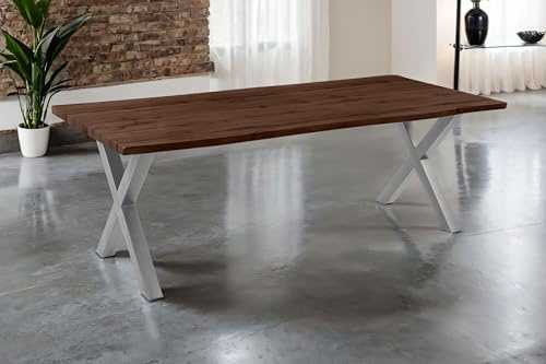 SAM Esstisch Josy 220x100 cm Holz Nussbaum-Optik X-Gestell Silber | 40 mm Tischplatte mit Baumkante, Metallgestell, Tisch für Esszimmer & Küche