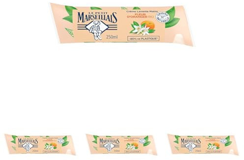 Le Petit Marseillais | Recharge Crème Lavante Mains Fleur d'Oranger Bio (berlingot de 250 ml) – Savon liquide avec 92% d'ingrédients d'origine naturelle – Emballage avec -80% de plastique* (Lot de 4)