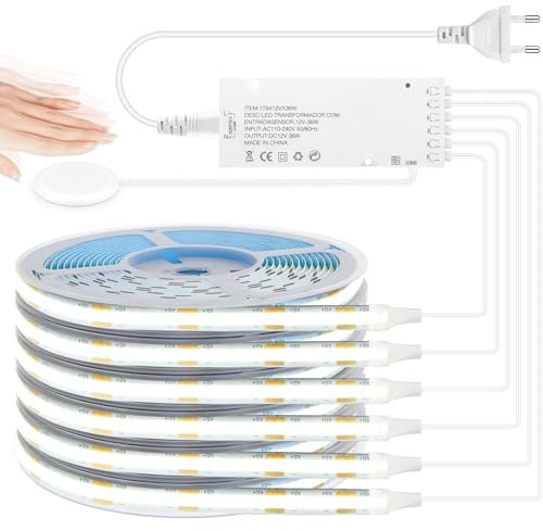 LRGBST 12V COB LED Streifen，6 Rollen 1M Weiß LED Streifen Mit Touch und Hand Sweep Dimmschalter für Schrank, Küchen, Vitrinen, Regal, Shelves，Akustikpaneele Beleuchtung