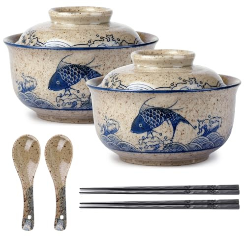 Lot de 2 bols à ramen - 800 ml - En céramique - Avec cuillère, baguettes - Bol à ramen japonais - Bol à soupe avec couvercle - Vaisselle asiatique pour la maison et le restaurant