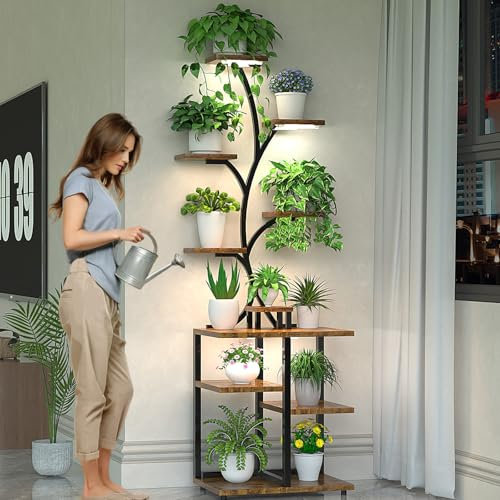 Bvewg Supporto per piante da interno in metallo da 183 cm, con luci di crescita, 10 ripiani illuminati per piante da interno, scaffale alto per piante da interno