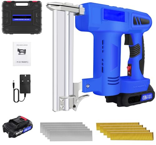 21V Cordless Nail Guns for Wood, Battery Powered Stapler Gun with Battery and Charger, Contact Actuated Mode Staplers & Tackers, Brad Nailer Kit with 500x 19MM Straight Nail & 500x 10MM Code Nail